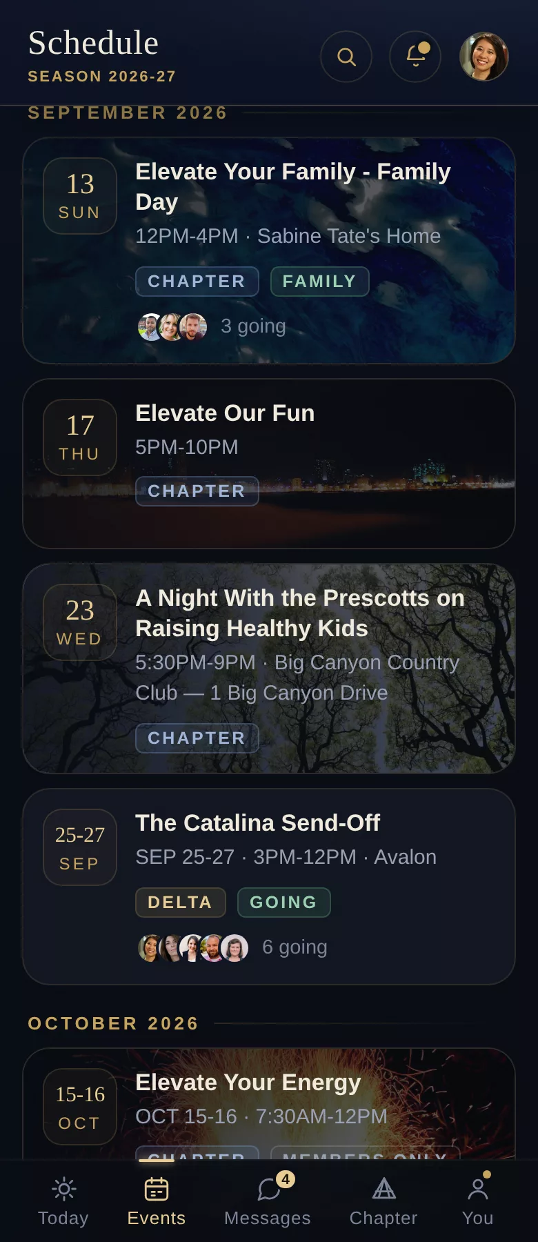 The Schedule - the season's events with artwork, hosts, going chips