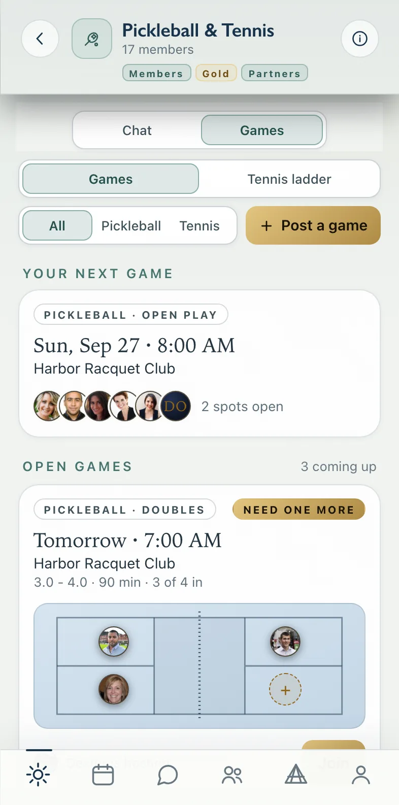 Pickleball & Tennis on the Wing - the board of open games, with the open play you are in and a game that needs one more